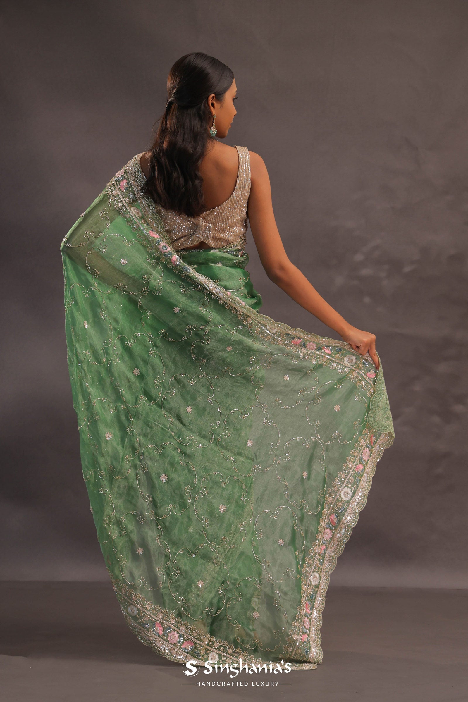 Basil Green Organza Embroidery Saree With Sequins And Pearls Work
