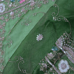 Basil Green Organza Embroidery Saree With Sequins And Pearls Work