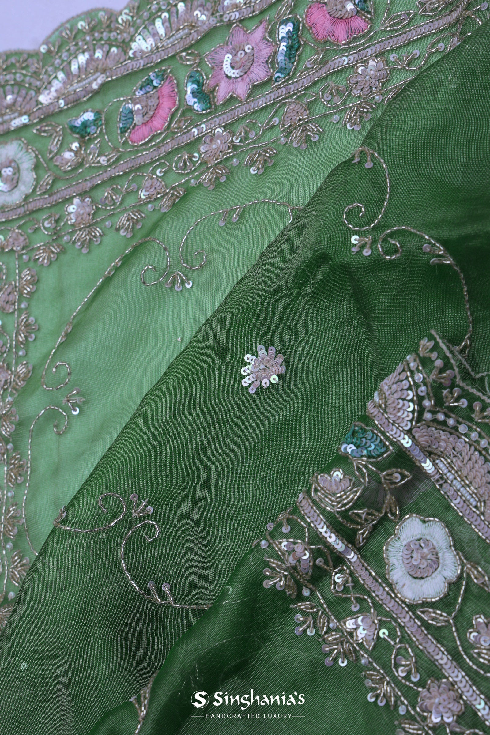 Basil Green Organza Embroidery Saree With Sequins And Pearls Work