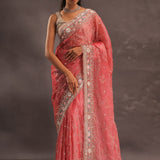 Blush Red Organza Embroidery Saree With Sequins And Pearls Work