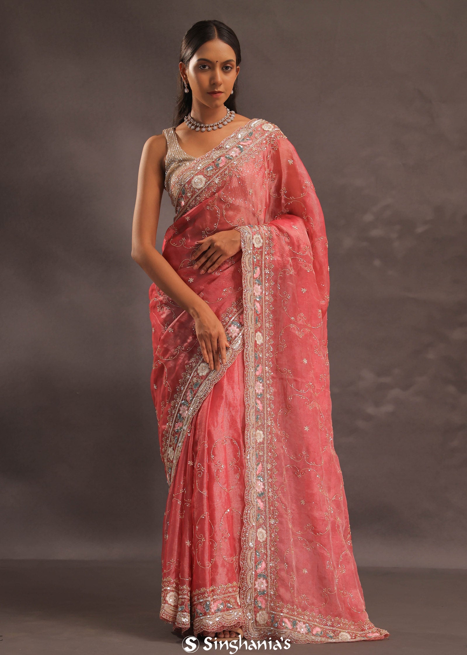Blush Red Organza Embroidery Saree With Sequins And Pearls Work