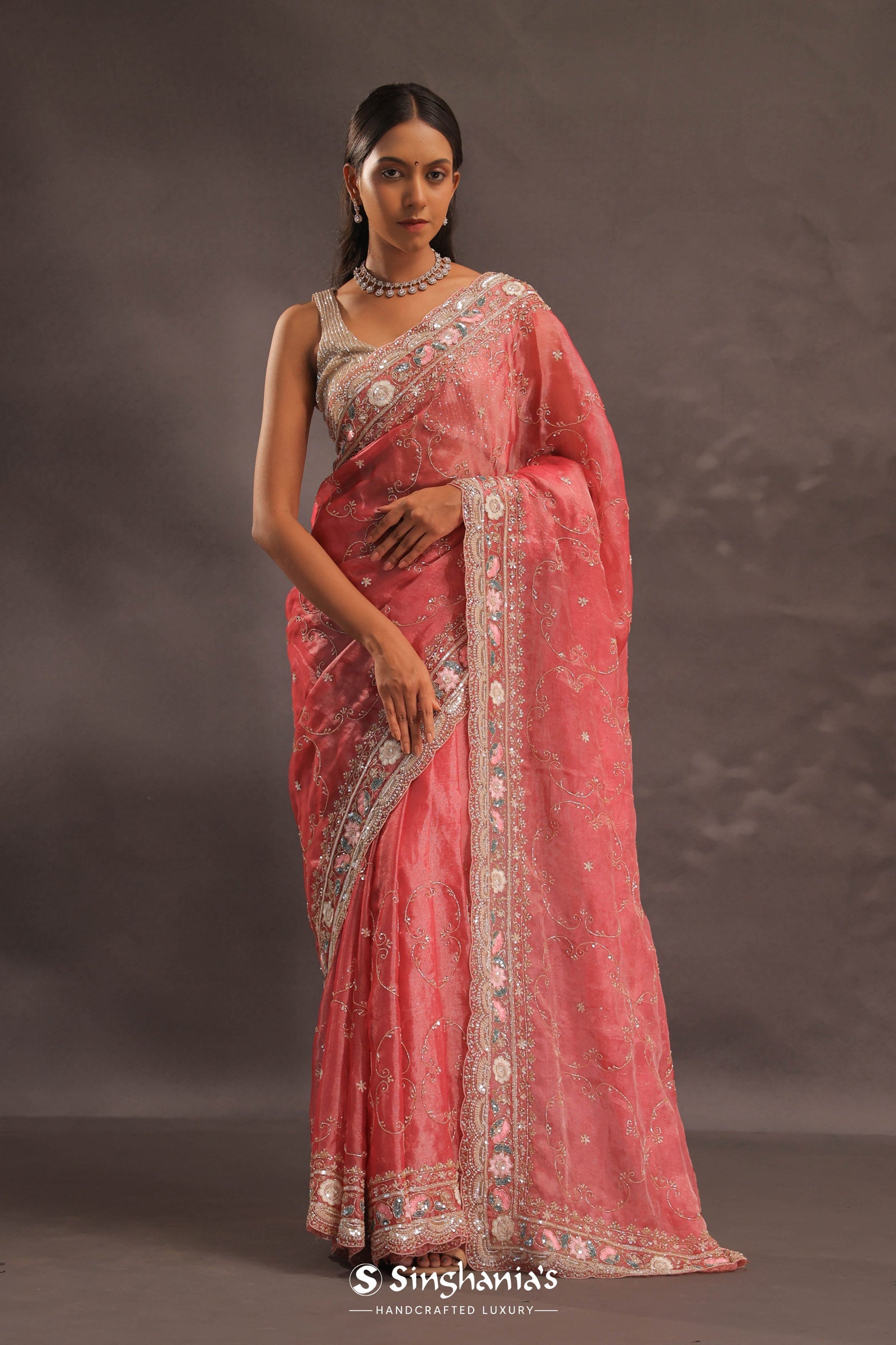Blush Red Organza Embroidery Saree With Sequins And Pearls Work