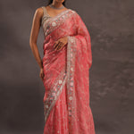 Blush Red Organza Embroidery Saree With Sequins And Pearls Work