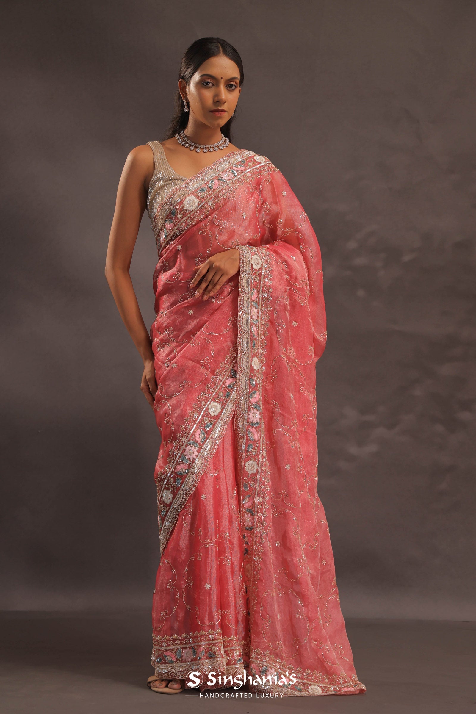 Blush Red Organza Embroidery Saree With Sequins And Pearls Work