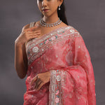 Blush Red Organza Embroidery Saree With Sequins And Pearls Work