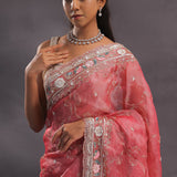 Blush Red Organza Embroidery Saree With Sequins And Pearls Work