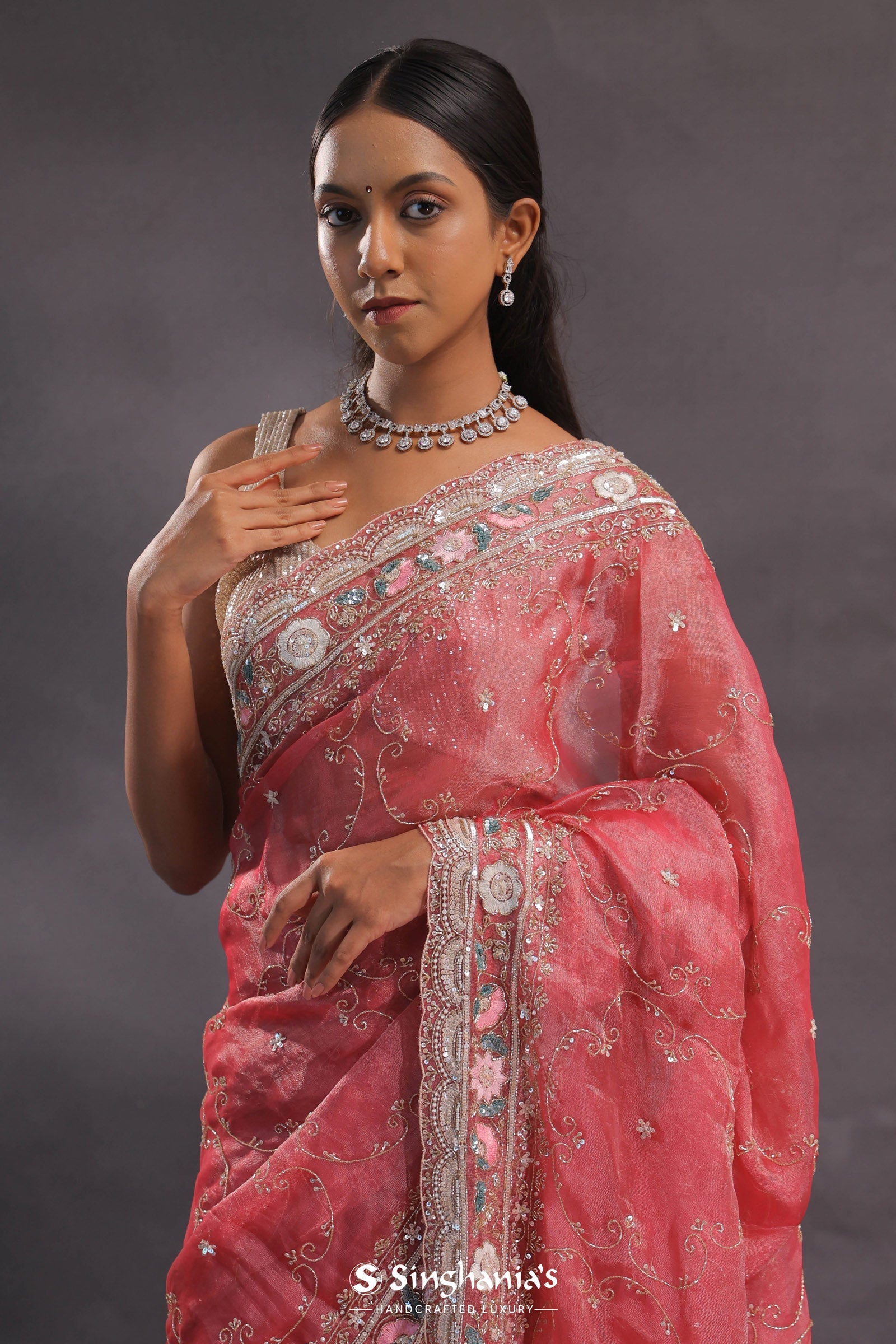 Blush Red Organza Embroidery Saree With Sequins And Pearls Work