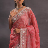 Blush Red Organza Embroidery Saree With Sequins And Pearls Work