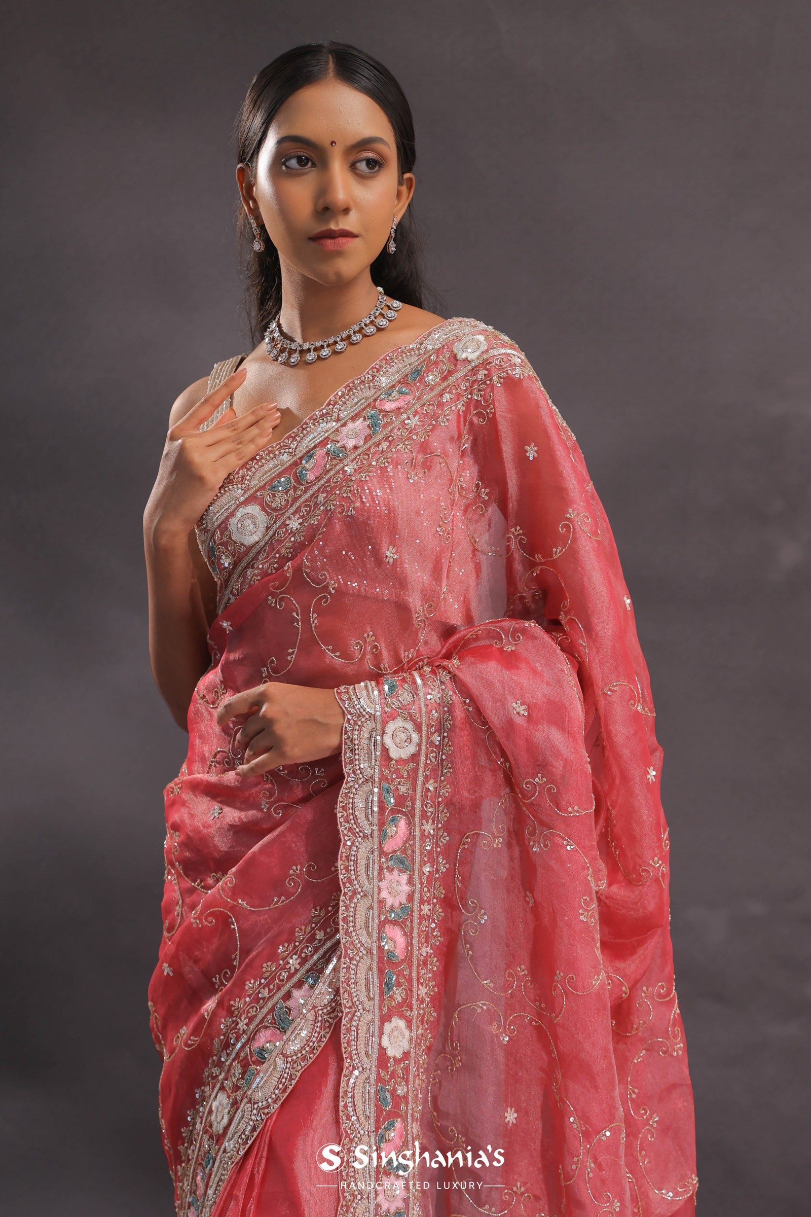 Blush Red Organza Embroidery Saree With Sequins And Pearls Work
