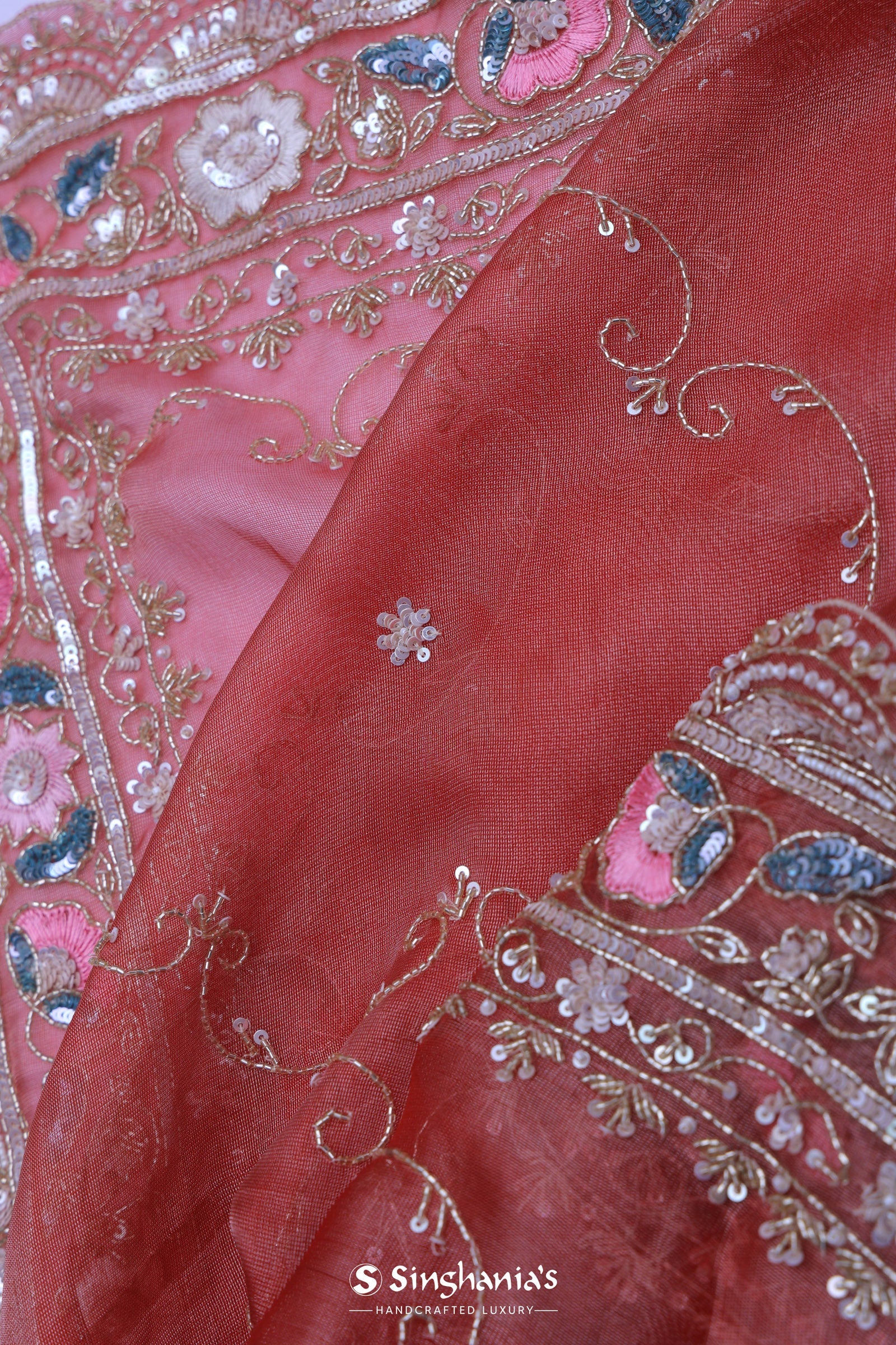 Blush Red Organza Embroidery Saree With Sequins And Pearls Work