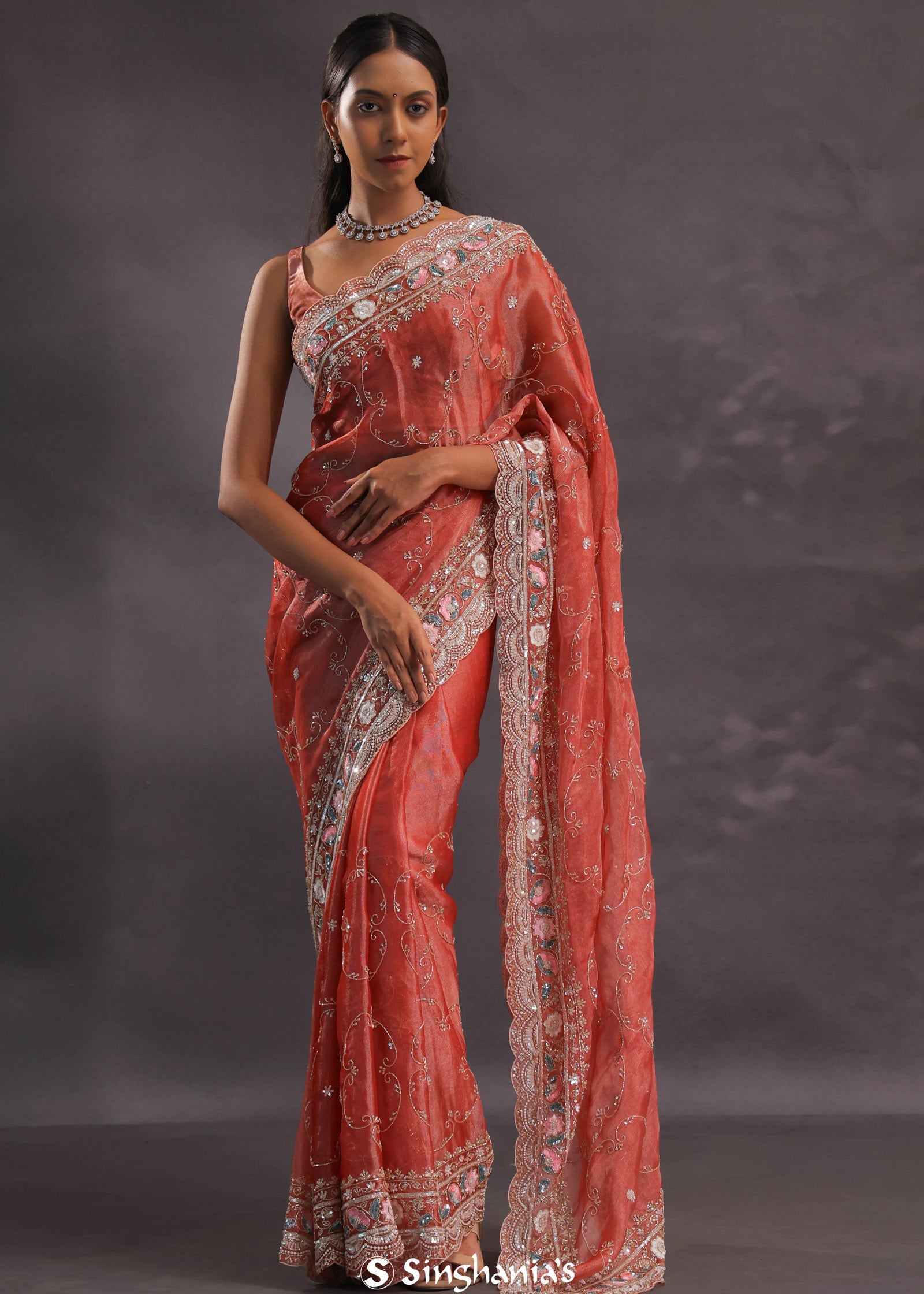 Brick Red Organza Embroidery Saree With Sequins And Pearls Work