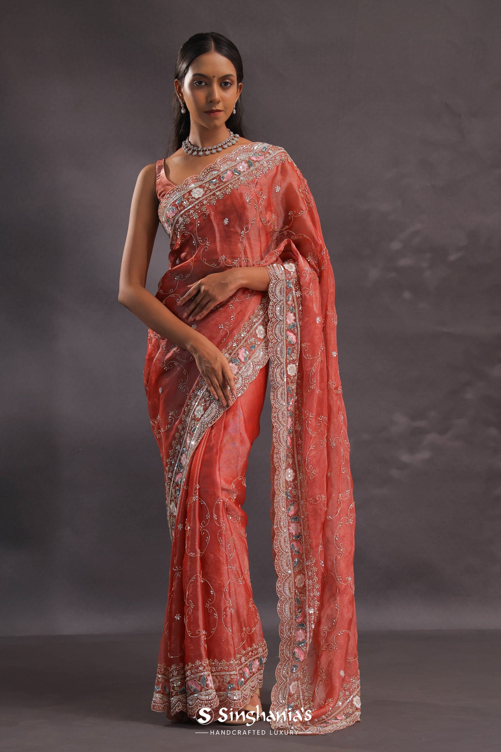 Brick Red Organza Embroidery Saree With Sequins And Pearls Work