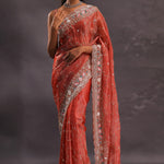 Brick Red Organza Embroidery Saree With Sequins And Pearls Work