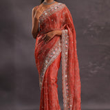 Brick Red Organza Embroidery Saree With Sequins And Pearls Work