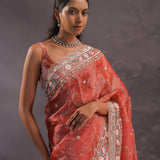 Brick Red Organza Embroidery Saree With Sequins And Pearls Work