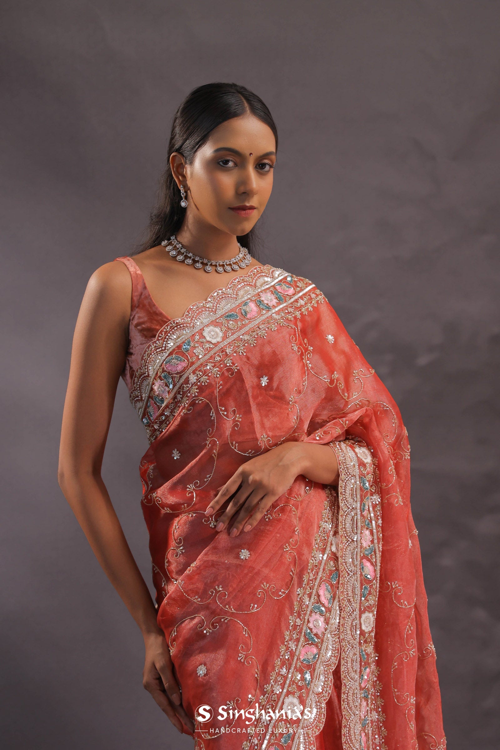 Brick Red Organza Embroidery Saree With Sequins And Pearls Work