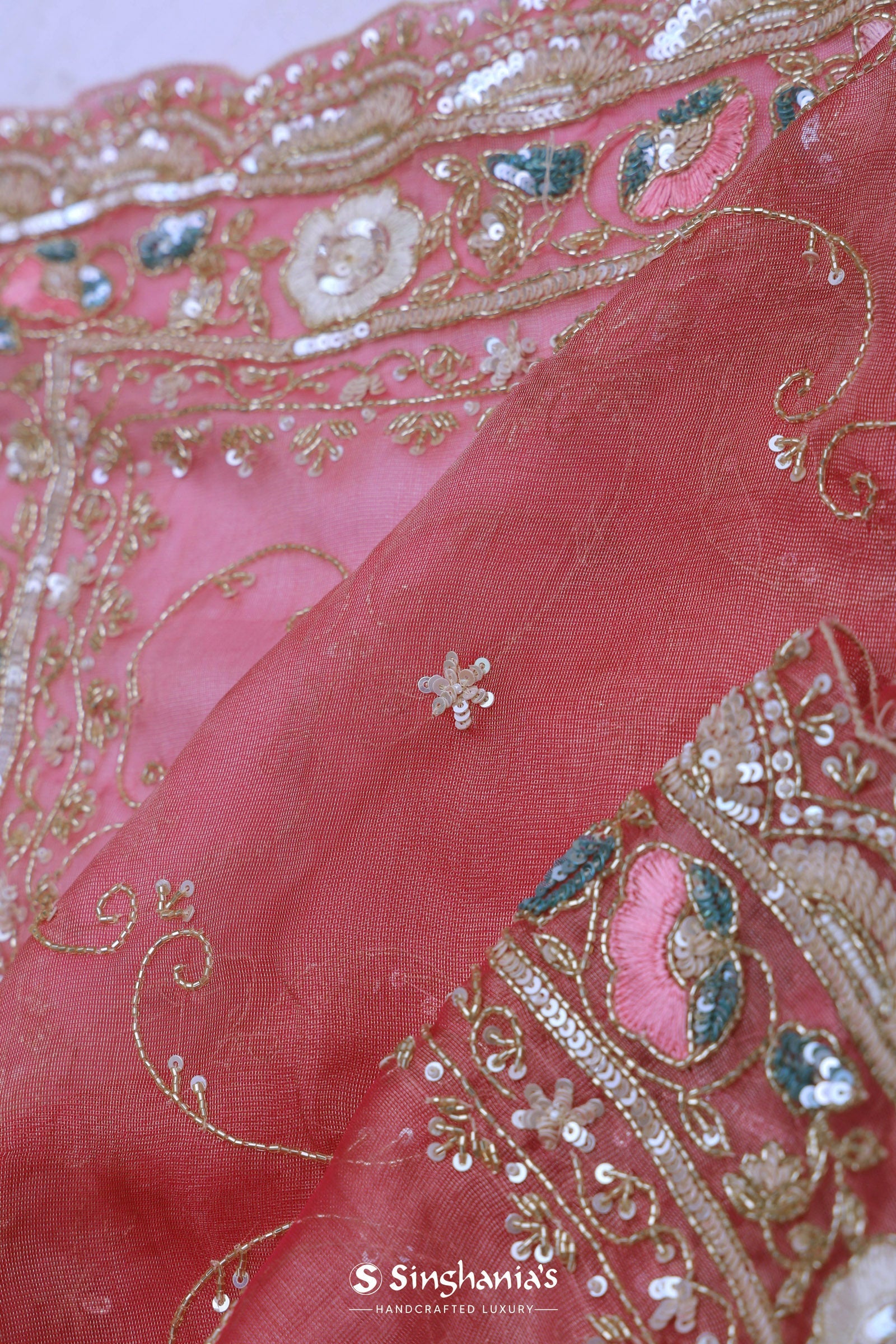 Brick Red Organza Embroidery Saree With Sequins And Pearls Work