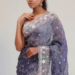 Independence Blue Crafted Jaali Tissue Saree