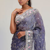Independence Blue Crafted Jaali Tissue Saree