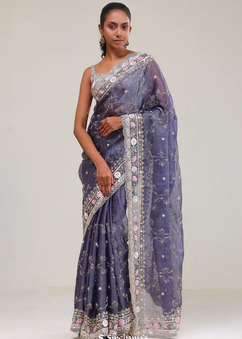 Independence Blue Crafted Jaali Tissue Saree