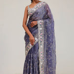 Independence Blue Crafted Jaali Tissue Saree