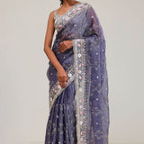 Independence Blue Crafted Jaali Tissue Saree