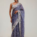 Independence Blue Crafted Jaali Tissue Saree