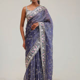 Independence Blue Crafted Jaali Tissue Saree