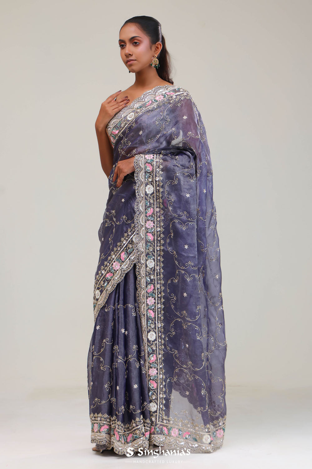 Independence Blue Crafted Jaali Tissue Saree