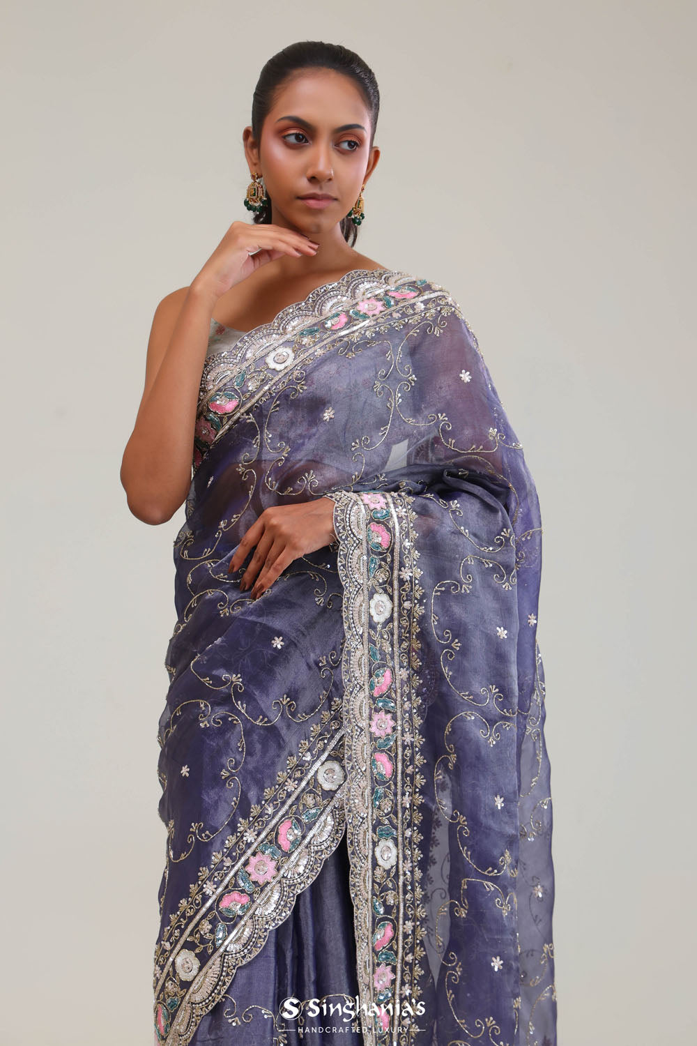 Independence Blue Crafted Jaali Tissue Saree