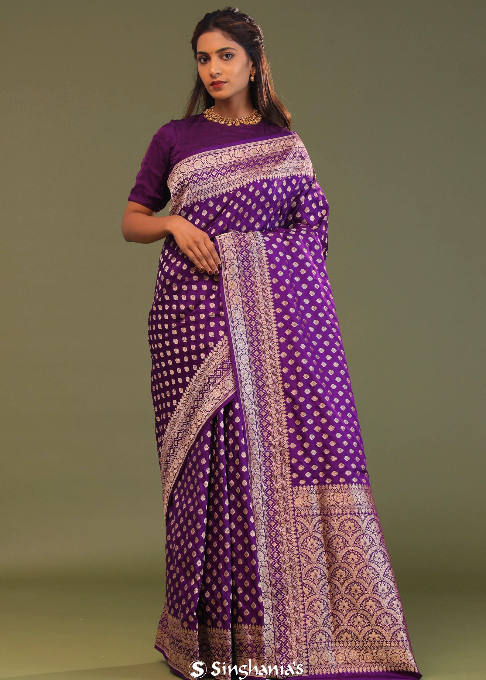 Violet Banarasi Saree With Gold Zari Border