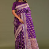 Violet Banarasi Saree With Gold Zari Border