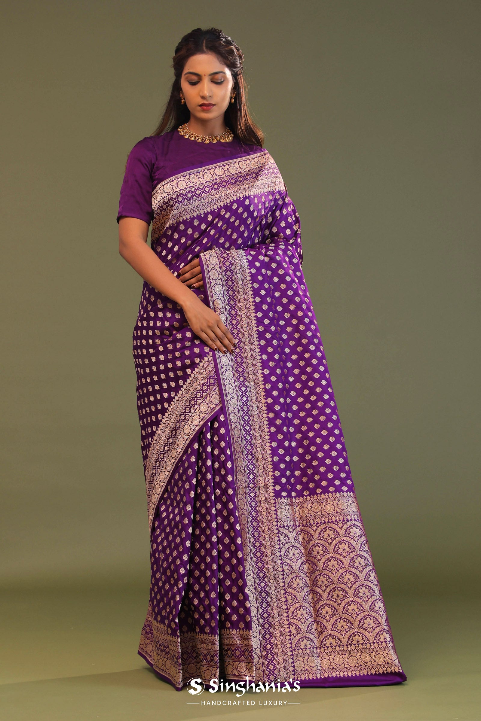 Violet Banarasi Saree With Gold Zari Border