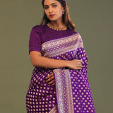 Violet Banarasi Saree With Gold Zari Border
