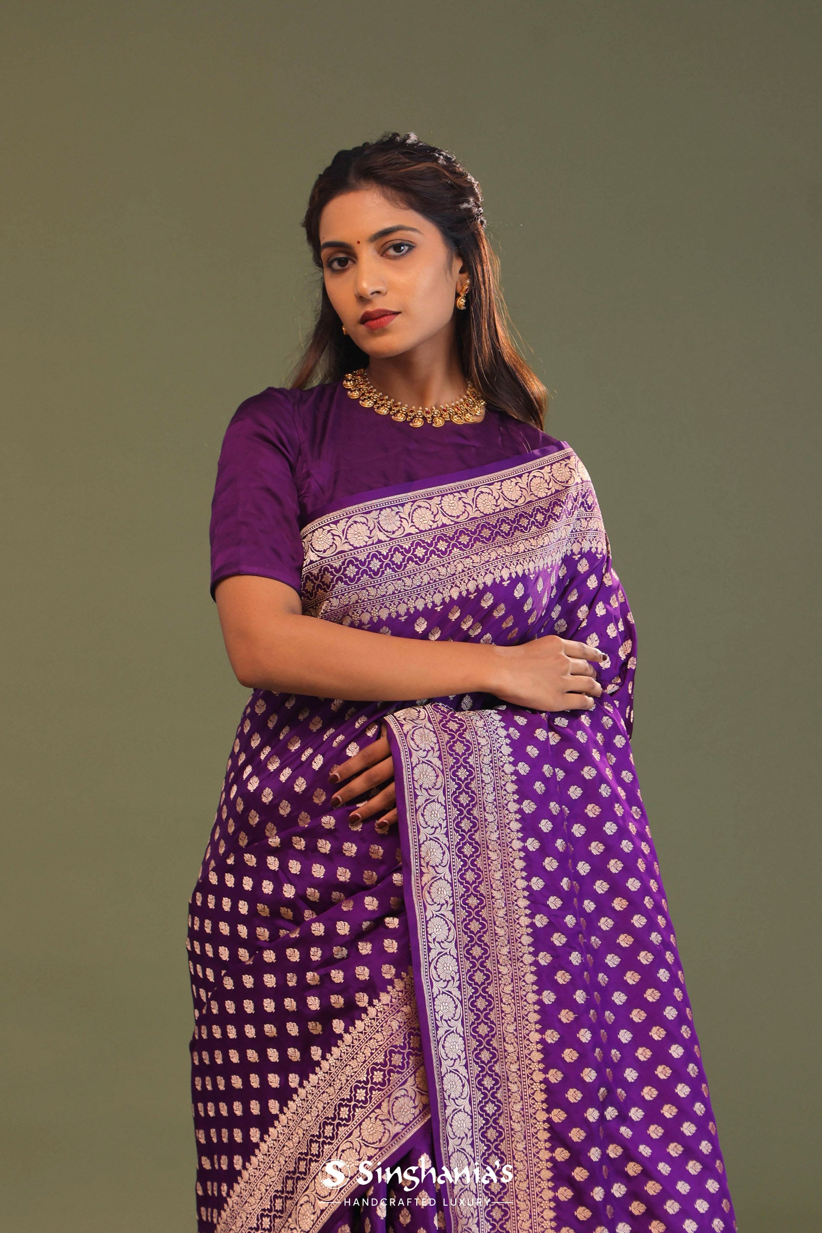 Violet Banarasi Saree With Gold Zari Border