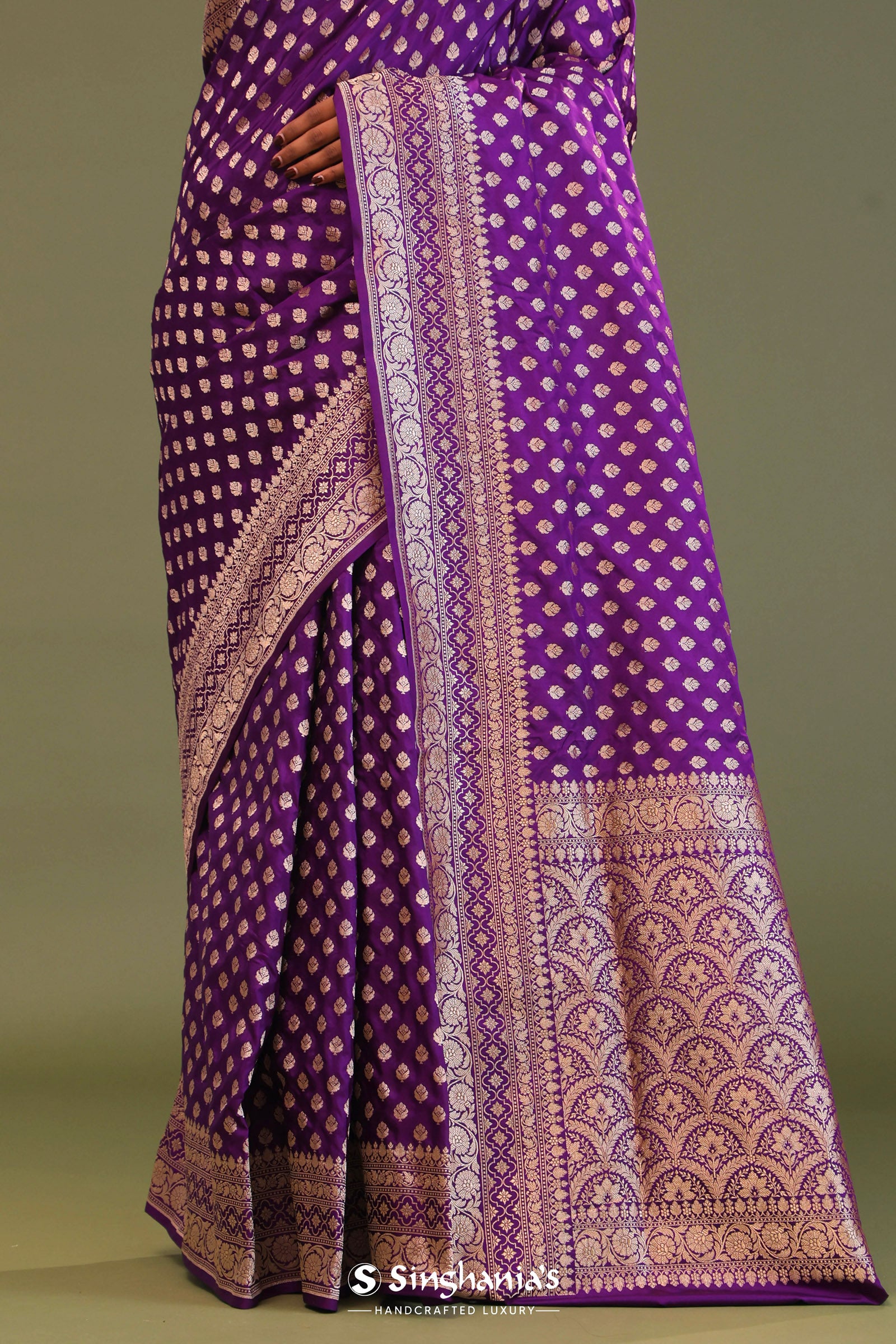 Violet Banarasi Saree With Gold Zari Border