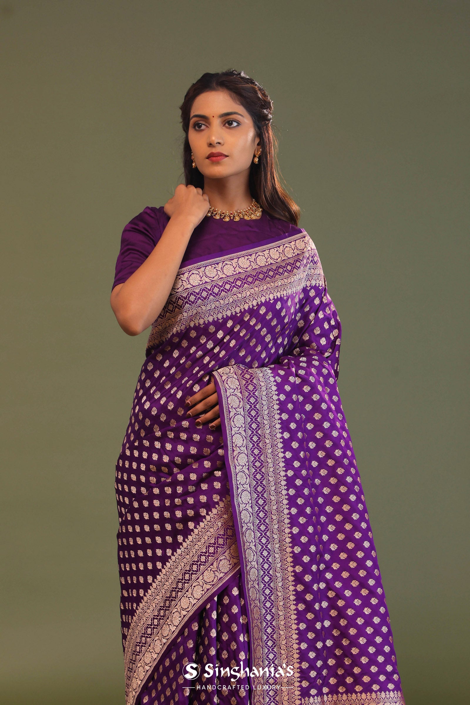 Violet Banarasi Saree With Gold Zari Border