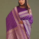 Violet Banarasi Saree With Gold Zari Border
