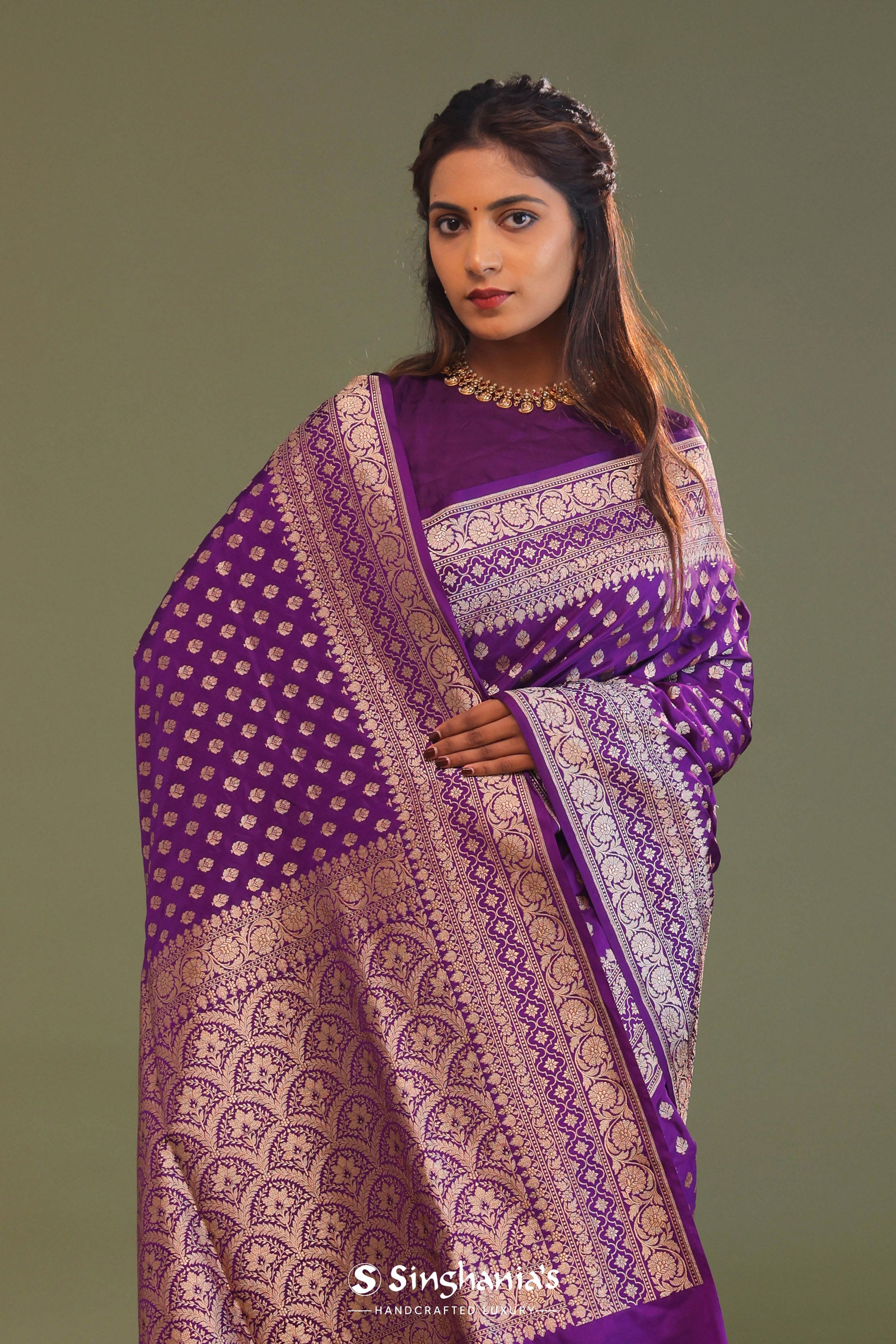 Violet Banarasi Saree With Gold Zari Border