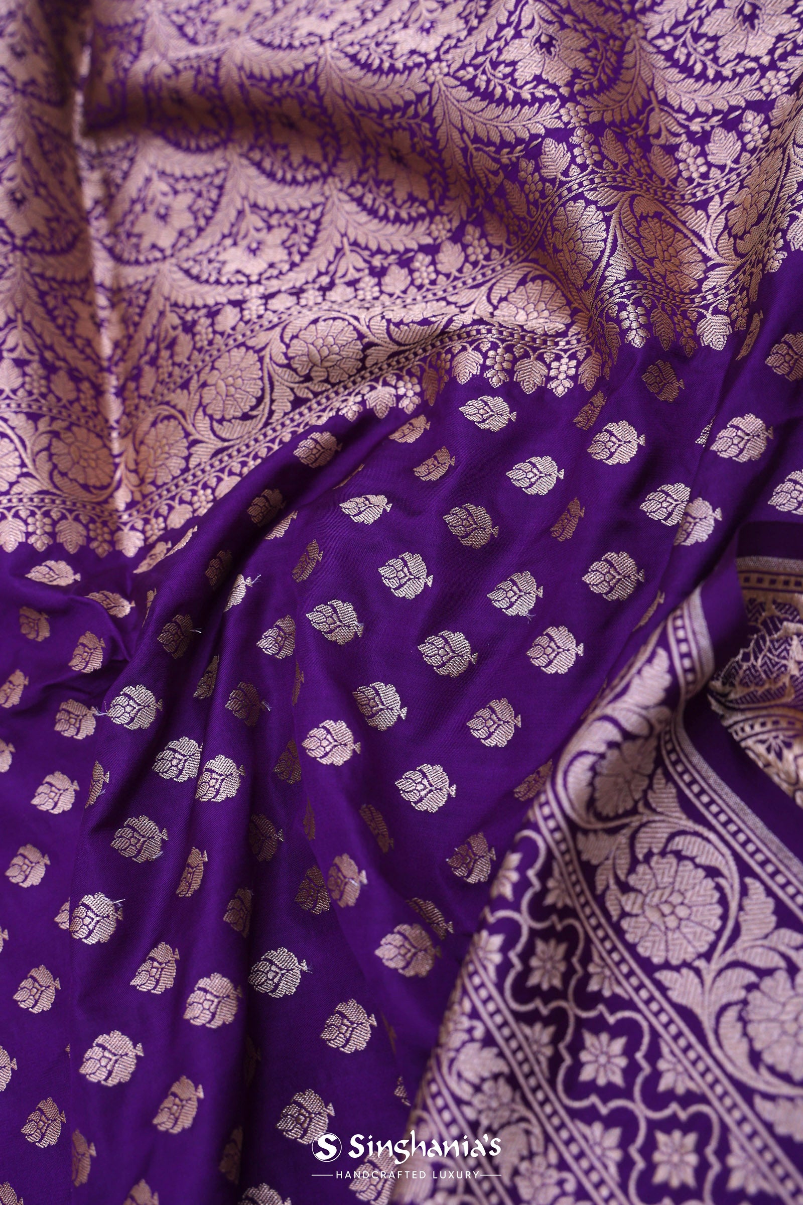 Violet Banarasi Saree With Gold Zari Border