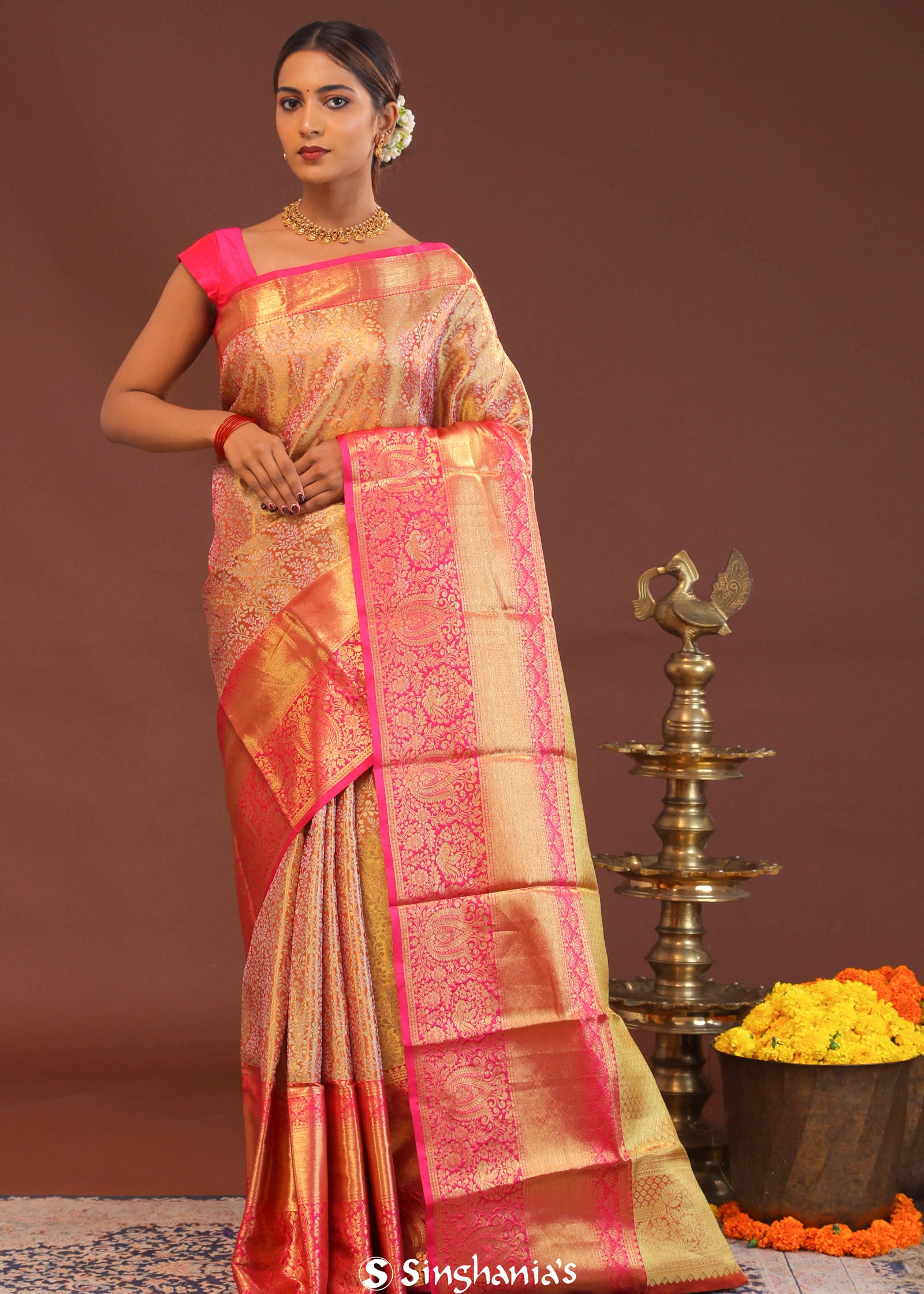 Coral Pink Kanjivaram Saree With Contrast Pink Border