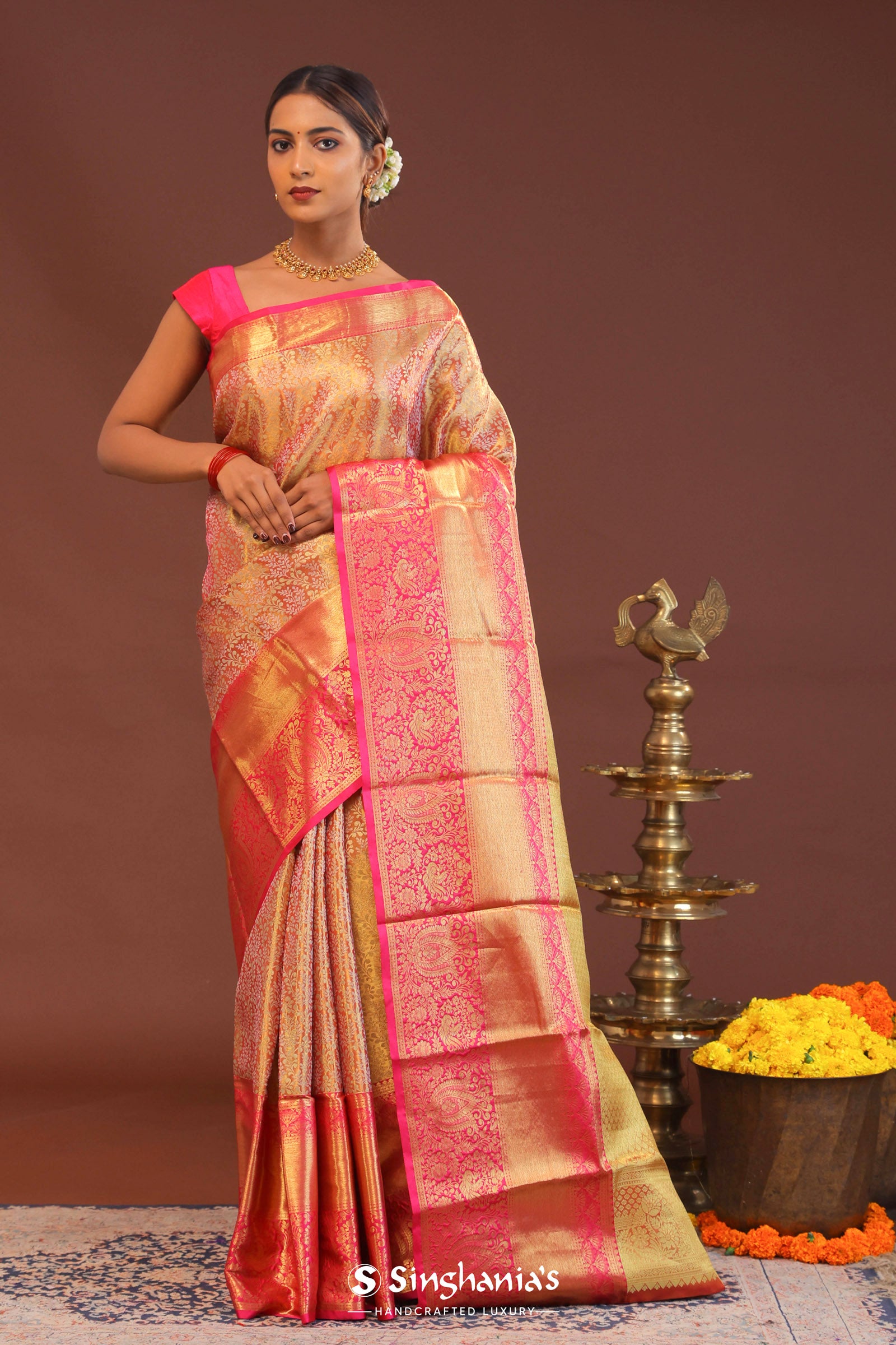 Coral Pink Kanjivaram Saree With Contrast Pink Border
