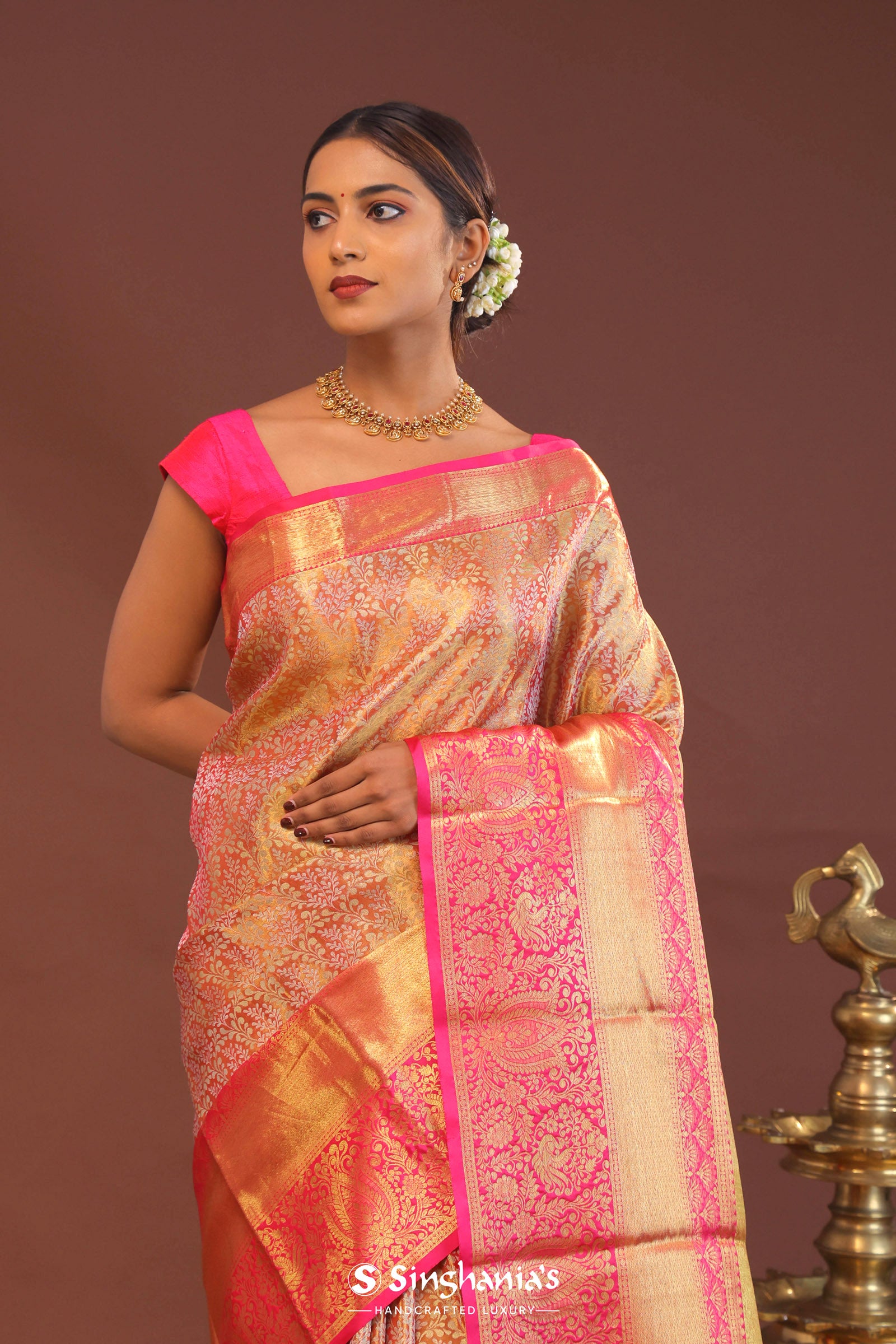 Coral Pink Kanjivaram Saree With Contrast Pink Border