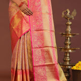 Coral Pink Kanjivaram Saree With Contrast Pink Border