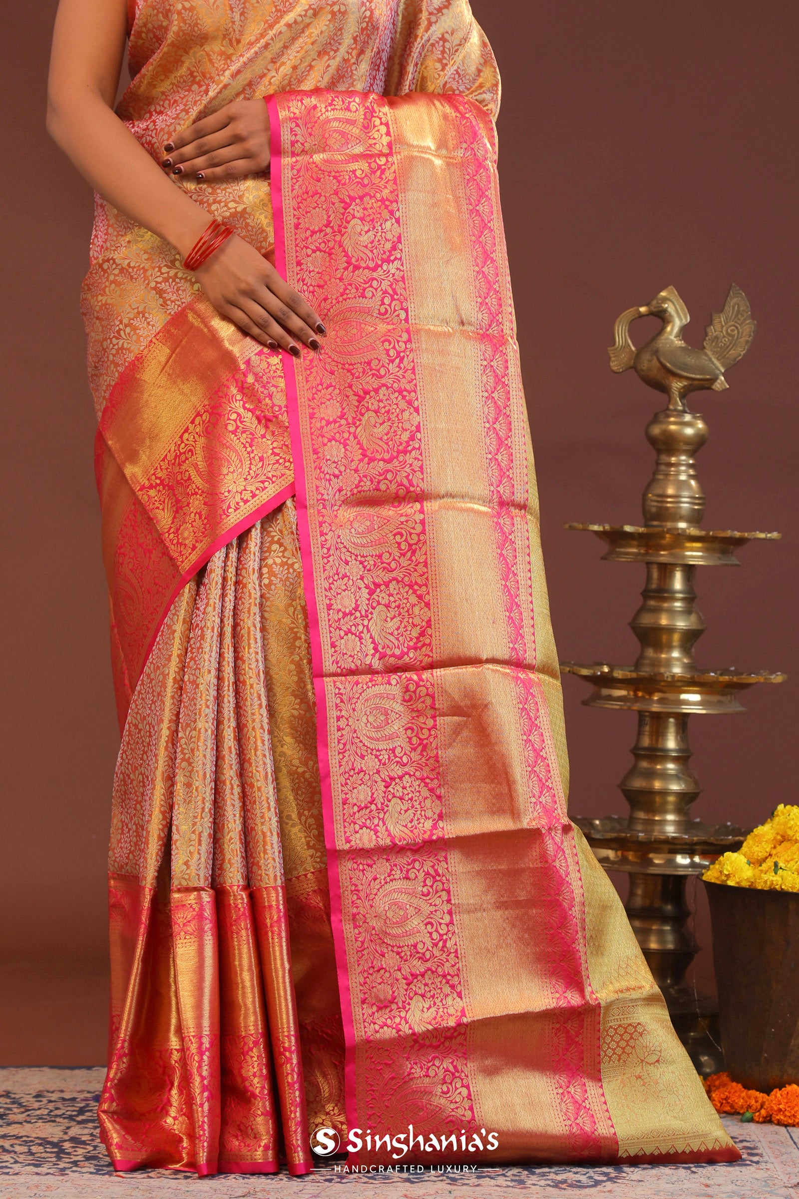 Coral Pink Kanjivaram Saree With Contrast Pink Border
