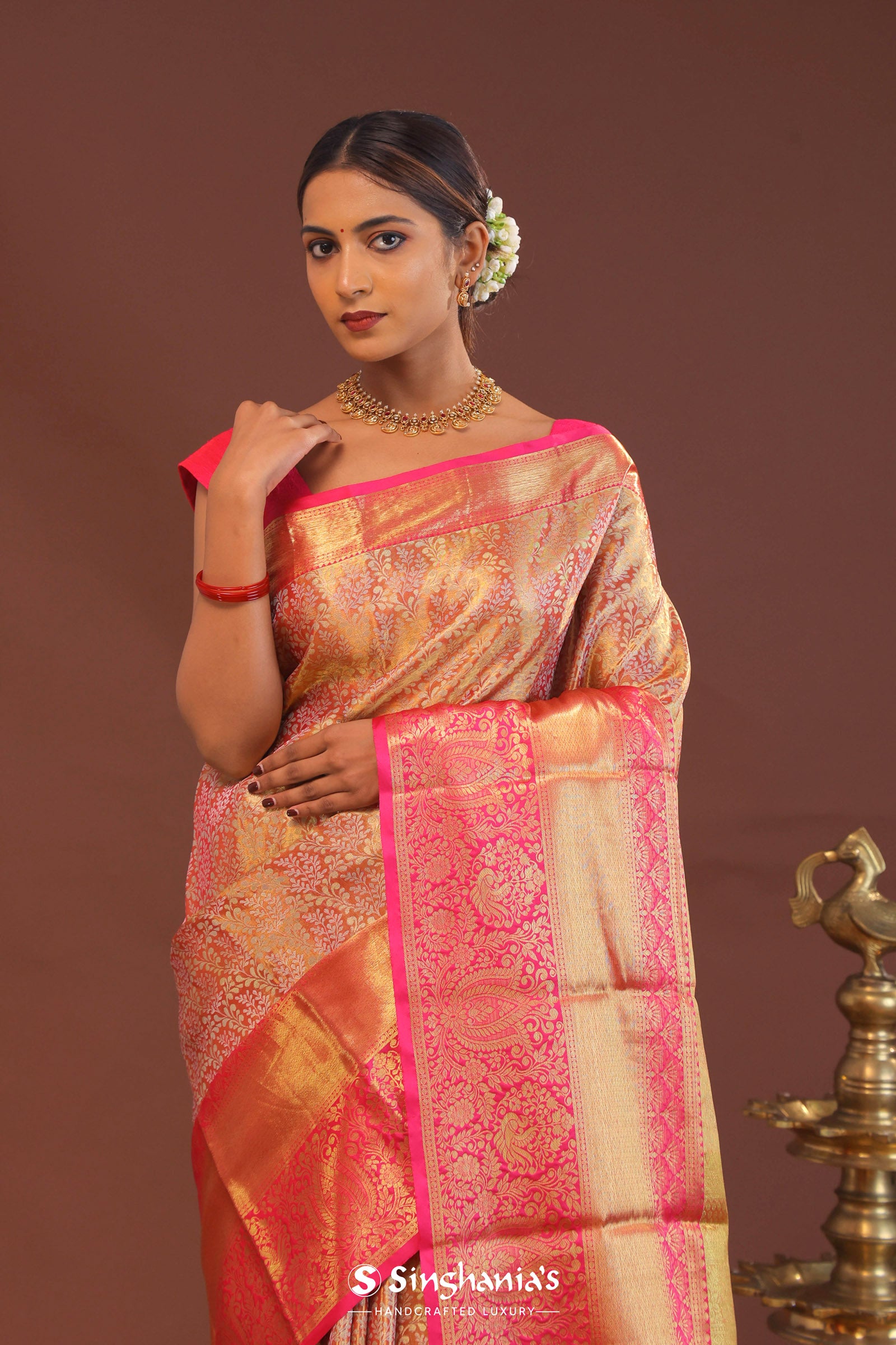 Coral Pink Kanjivaram Saree With Contrast Pink Border