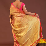 Coral Pink Kanjivaram Saree With Contrast Pink Border