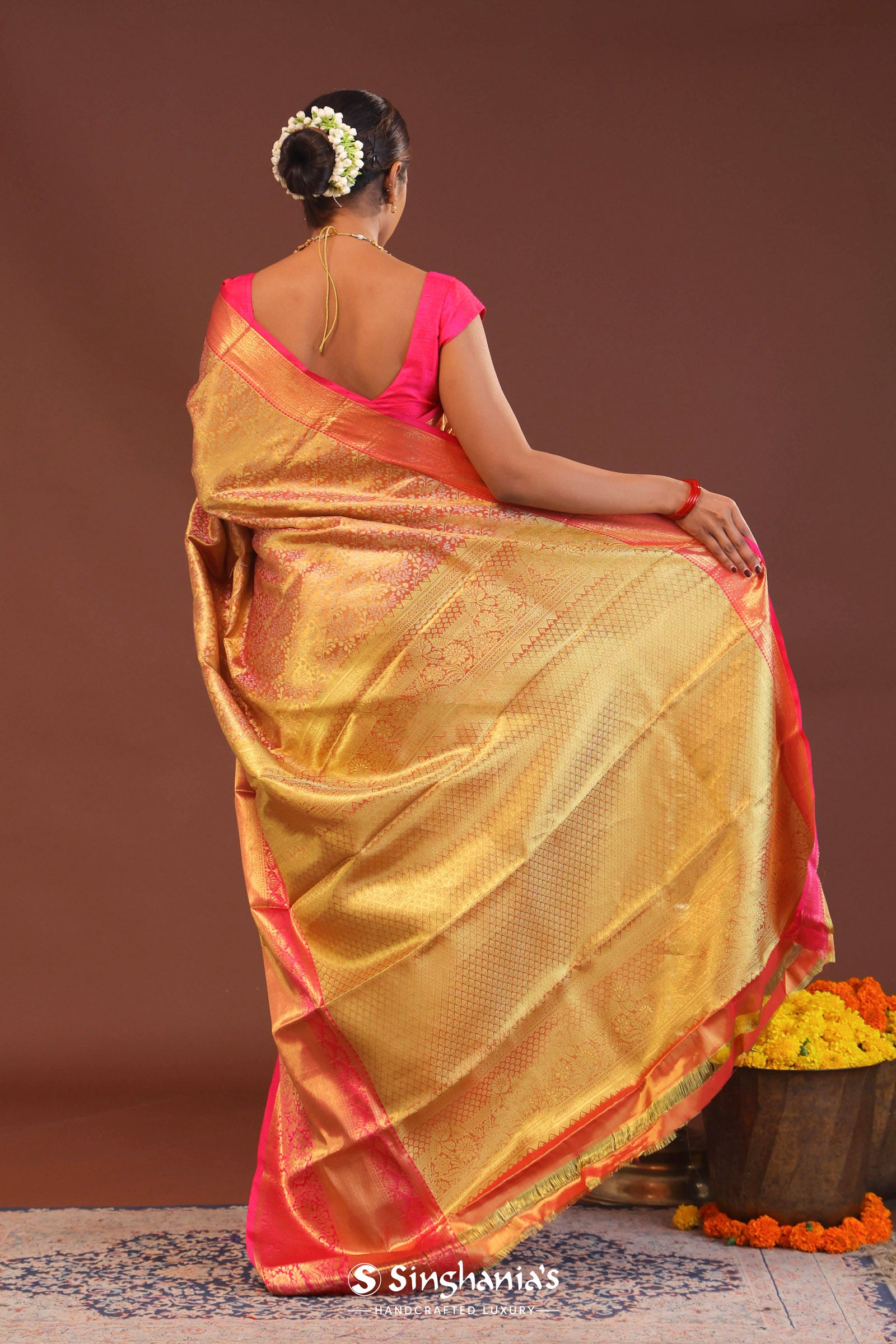 Coral Pink Kanjivaram Saree With Contrast Pink Border