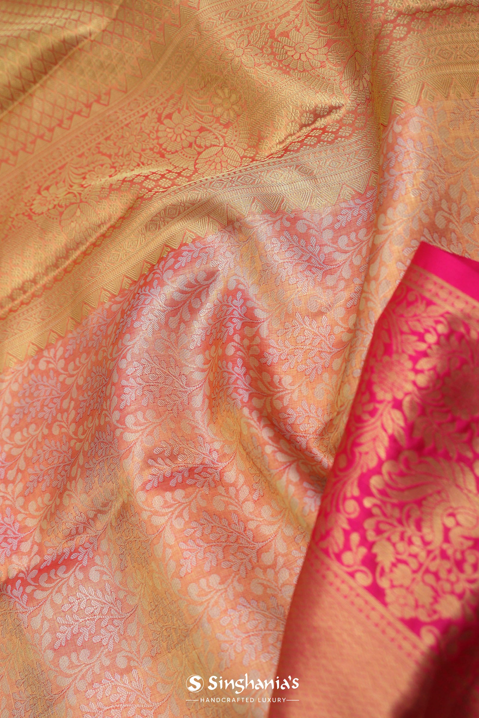 Coral Pink Kanjivaram Saree With Contrast Pink Border