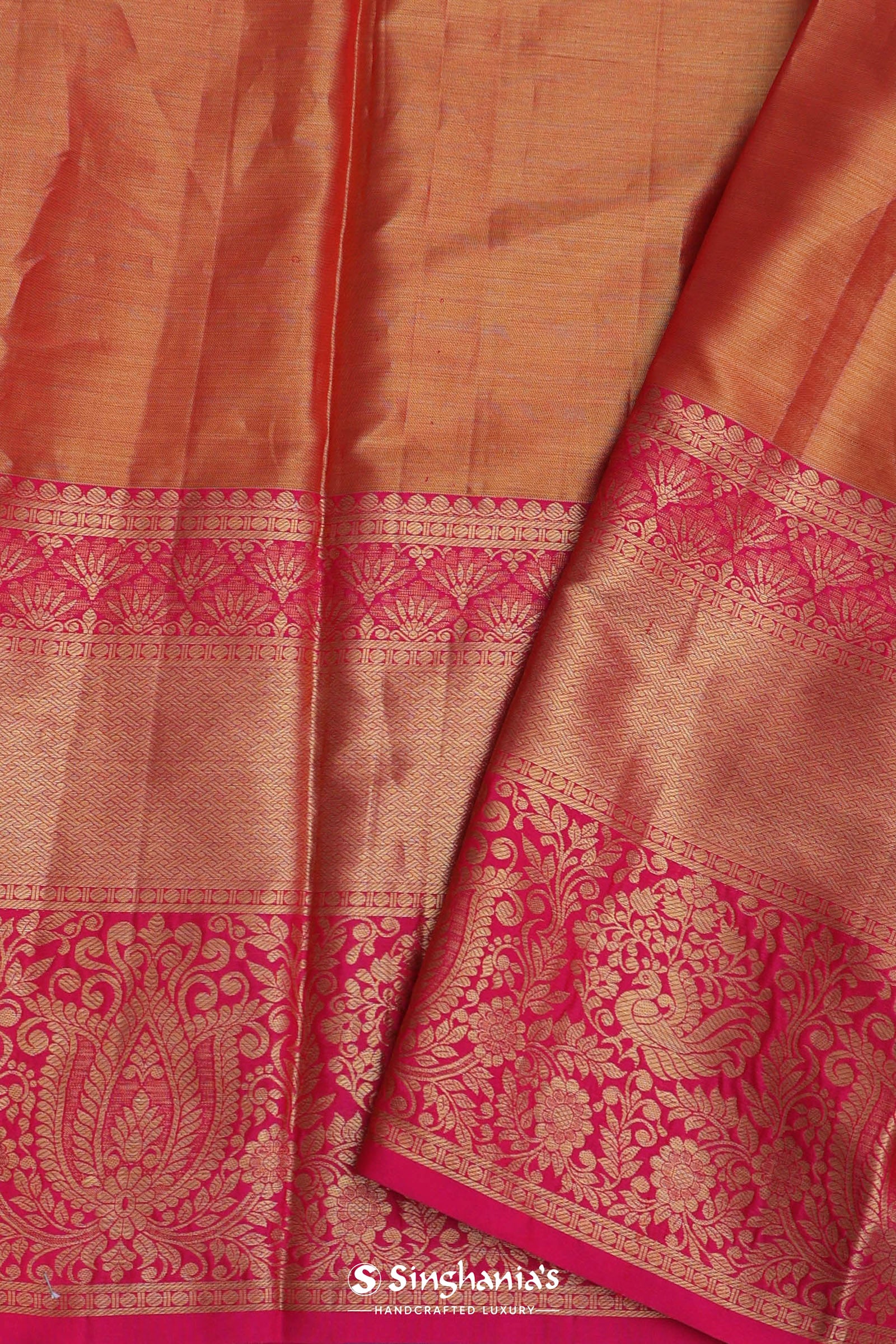 Coral Pink Kanjivaram Saree With Contrast Pink Border